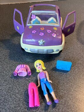 Vintage 2001 Mattel Polly Pocket Purple Beach Car Jeep Vehicle Toy + doll & more